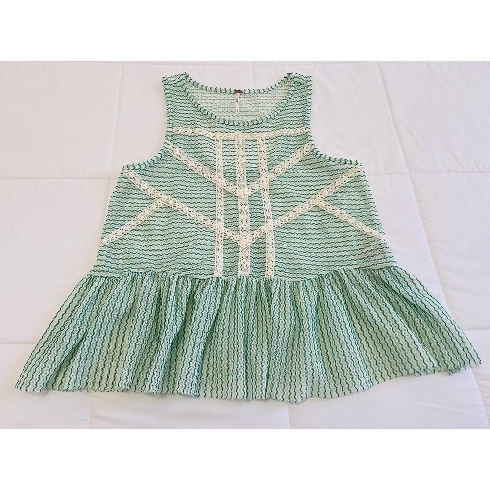 Free People Green Striped Open Back Lace Crochet Sleeveless Mesh Boho Tank Top S